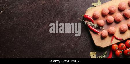 Board with raw meatballs made of fresh forcemeat on dark background with space for text Stock Photo