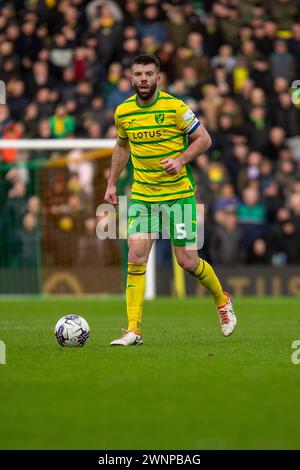 Grant Hanley of Norwich City is on the ball during the Sky Bet Championship match between Norwich City and Sunderland at Carrow Road, Norwich on Saturday 2nd March 2024. (Photo: David Watts | MI News) Credit: MI News & Sport /Alamy Live News Stock Photo