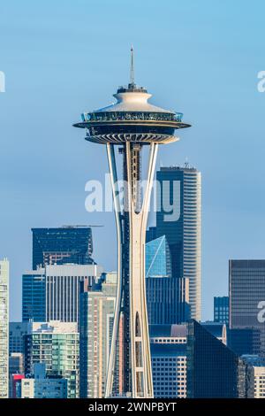 Close up view of the Space Needle in downtown Seattle, Washington Stock Photo