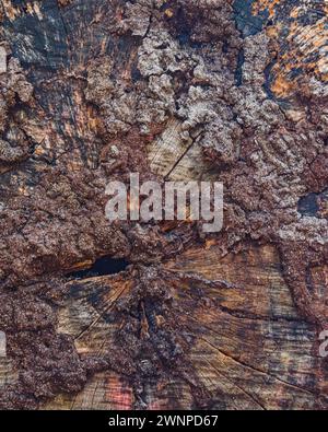 This close-up photo of a tree stump reveals a rich tapestry of wood grain, knots, and cracks. The weathered surface tells a story of time and nature's Stock Photo