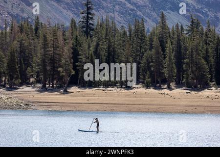 Horseshoe Lake located within Mammoth Lakes is fed by snow runoff and has seen its level fall off dramatically due to California drought. Stock Photo
