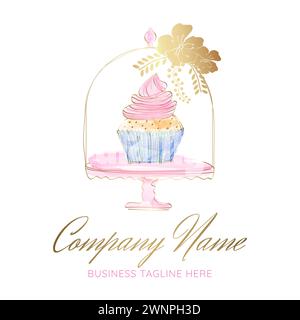 Beautiful Pastel Cupcake in Cake Holder. Hand Drawn Doodle Style Logo Stock Vector