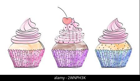 Beautiful Cupcakes Set or Muffin Collection in Colorful Watercolor Doodle Style on White Background Stock Vector