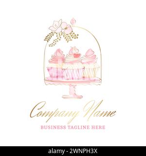 Beautiful Pink Cupcakes in Muffin Holder. Hand Drawn Watercolor Logo Stock Vector