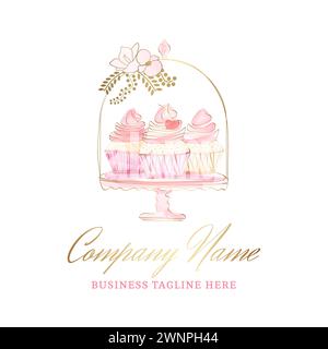 Beautiful Pink Cupcakes in Muffin Holder. Hand Drawn Watercolor Logo Stock Vector