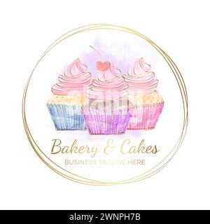 Beautiful Round Cupcakes Logo. Cupcake Hand Drawn Doodle Style Watercolor Badge Stock Vector