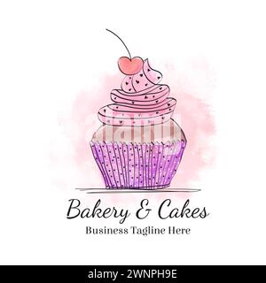 Beautiful Cupcake Logo with Cherry in Hand Drawn Doodle Watercolor Style Stock Vector