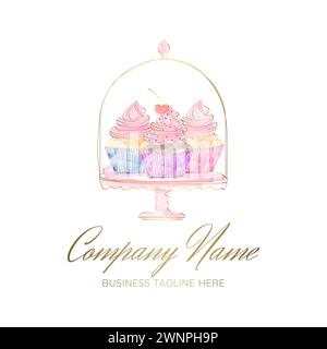 Beautiful Cupcakes in Muffin Holder. Hand Drawn Watercolor Logo Stock Vector