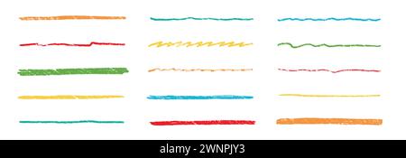 Crayon line color pencil brush scribble stroke pen underline hand. Crayon line pencil brush color sketch chalk stripe doodle vector drawn border texture element kid paint pastel emphasis squiggle Stock Vector