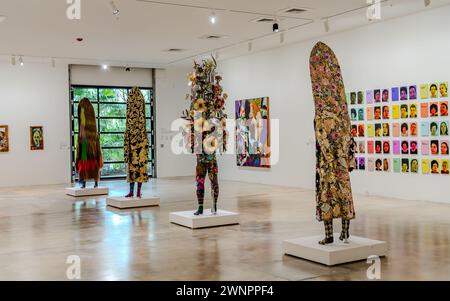 Art Installations in Rubell museum of contemporary arts in Miami, Florida. Colorful flower arrangements based on human body. Stock Photo