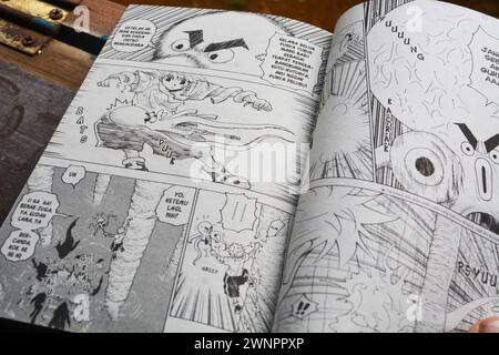 August 31, 2023, Close-up of an open comic book with bokeh background. Wadaslintang, Wonosobo Stock Photo