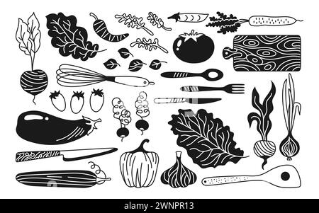 Vegetables and kitchen utensils cartoon funny set. Hand drawn healthy baby vegetable carrot, cucumber, lettuce pepper or onion garlic etc. Stylized glyph vegetarian childish menu simple vector Stock Vector