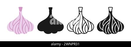 Garlic linear icon, cartoon symbol set. Hand Drawn spice spicy silhouette shape, doodle vegetable garlic cloves. Simple sign design element. Garlic bulb symbol for infographic website app logo. Vector Stock Vector
