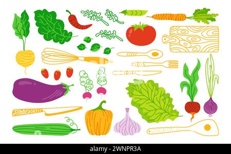 Vegetables and kitchen utensils cartoon drawing set. Vegetable carrot, cucumber, lettuce, pepper or onion garlic etc. Hand drawn healthy diet farm product. Doodle fresh vegetarian baby menu vector Stock Vector