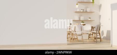 The interior design of a modern Scandinavian white home corridor features a doorway leading through to a dining room. 3d render, 3d illustration Stock Photo
