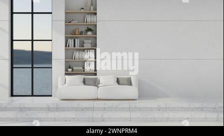 The interior design of a contemporary home corridor hallway with a white couch, marble stairs, a white wall, and a window. 3d render, 3d illustration Stock Photo