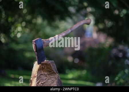 An old ax with it's head stuck in a piece of split firewood Stock Photo