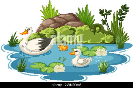 Vector illustration of ducks in a tranquil pond setting Stock Vector