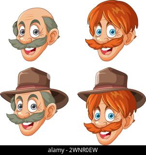Four cartoon male faces with different expressions. Stock Vector