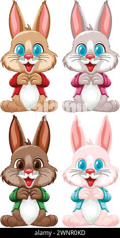 Four cute bunnies with different colored clothes. Stock Vector