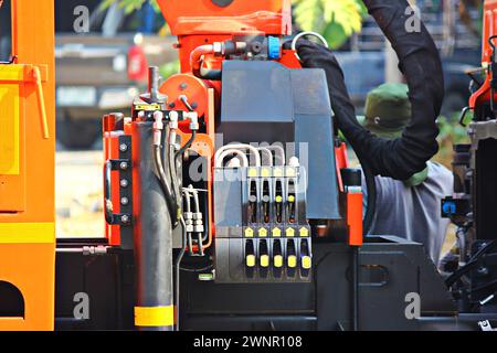 hydraulic crane operating manual control panel box Stock Photo