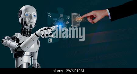 business man using app on mobile chat to artificial intelligence designed prompt AI process by algorithm making choice for business , Stock Photo