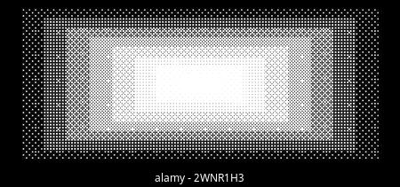 Pixelated gradient rectangle frame. Black dithered central gradation texture. Retro bitmap game background. Halftone 8 bit wallpaper. Vintage rectangular pixel art border. Vector vanishing backdrop Stock Vector