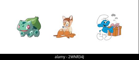 Bambi, Smurf, BULBASAUR. Most popular arts and design logo collection. Stock Vector