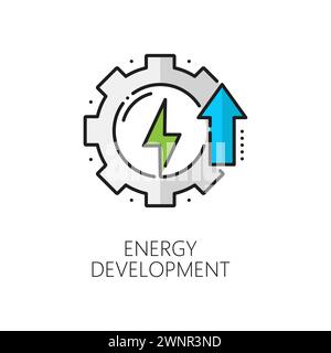 Eco power, clean and green energy development line icon. Electricity and power industry, clean energy source technology innovation thin line vector pictogram with cog wheel and green lightning bolt Stock Vector