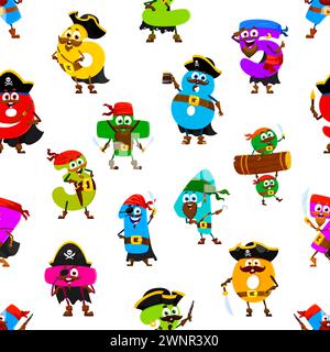 Seamless pattern of cartoon funny number pirate and corsair characters. Wallpaper pattern, fabric vector backdrop or textile funny vector background with mathematics number pirates cheerful personages Stock Vector