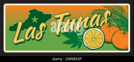 Las Tunas Cuban region plate vintage travel plaque, sticker with ranges and sugar cane plantation, mountain landscape, mariposa sign. Province Victoria de Las Tunas retro travel destination Stock Vector