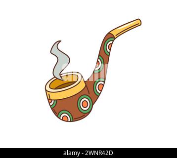 Cartoon retro groovy leprechaun smoking pipe, saint patrick day holiday item. Isolated vector iconic accessory, curved, wooden pipe with pattern and smoke, used to accentuate festive irish folklore Stock Vector