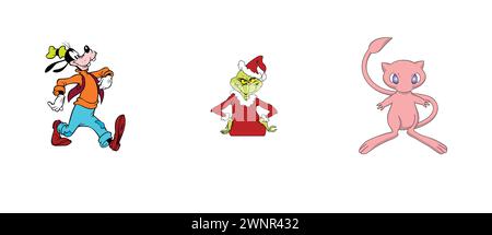 Goofy, Pokemon, The Grinch. Most popular arts and design logo collection. Stock Vector