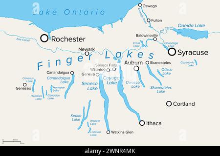 Finger Lakes region in New York State, in the United States, political map, with most important cities. Group of eleven long, narrow lakes. Stock Photo