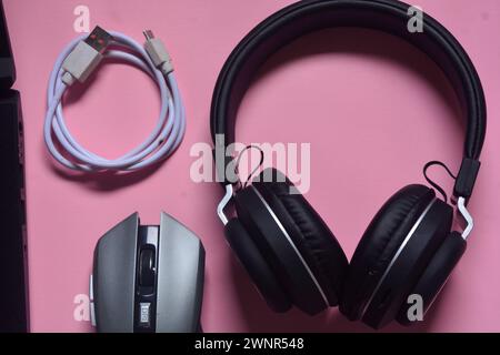 4 September 2023, Photos about laptop technology, headphones, flash drives, data cables, Wonosobo, Indonesia Stock Photo