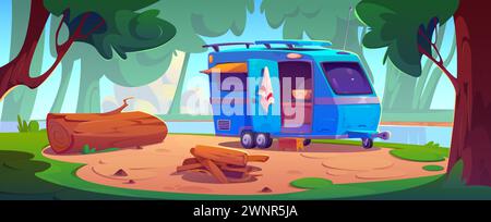 Camping place with camper van with tent and open door standing in forest near logs on bonfire pit and large wood trunk on ground as seat. Cartoon summer scene with caravan for outdoor relax and travel Stock Vector