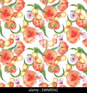 Watercolor flat peaches with leaves and flowers seamless pattern isolated on white. Fruits and flowers pattern painted. Chines Fig peaches hand drawn. Stock Photo