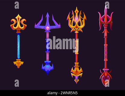 Magic tridents set isolated on black background. Vector cartoon illustration of golden spear forks decorated with gemstones, game rank asset, poseidon power symbol, nautical weapon, ui design elements Stock Vector