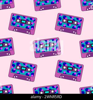 Seamless Pattern. Retro vintage audio music cassette with magnetic tape. Purple and blue, pink colors. Wallpaper design in 90s, 80s, 70s style Stock Vector