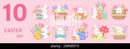 Happy Easter Set. designs for spring holidays. Cute congratulations with painted easter eggs, rabbits, bunnies, festive cakes. Colored flat vector Stock Vector