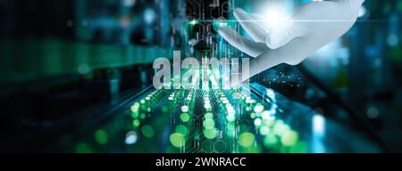 A biologist  hand using AI powered gene-editing technology in a laboratory, exploring advancements in biotechnology for medical breakthroughs. Stock Photo