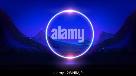 Cyberpunk background with neon circle on wireframe landscape. Vector realistic illustration of y2k style banner, retro wave black and blue gradient grid mountains, synthwave light frame design Stock Vector