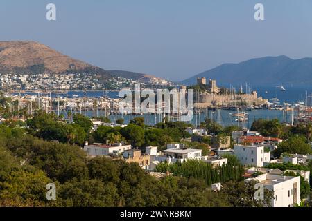 Beautiful scenery on Bodrum, yachts, castle in the sunset, Turkey Stock Photo
