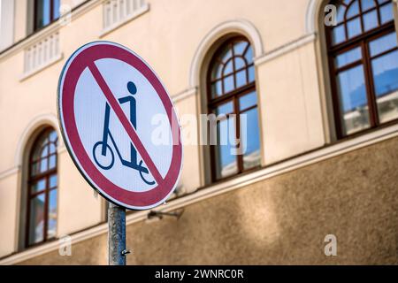 Scooter ban. Sign prohibiting movement on a scooter on a city street. High quality photo Stock Photo