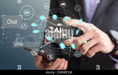 Man using tools AI. technology smart robot science and artificial intelligence technology, and innovation futuristic and global connection for Stock Photo