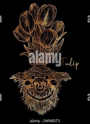 Hand drawn styled illustration with engraved funny demon or gnome face as root of beautiful spring flower of Tulip against black background, garden fa Stock Photo