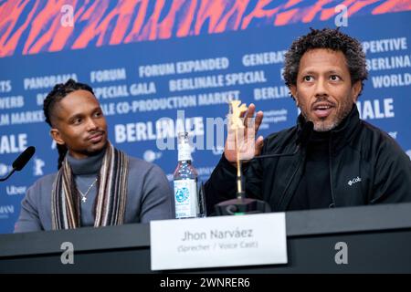 Sprecher Jhon Narváez und Fareed Matjila während der Pressekonferenz zum Film Pepe anlässlich der 74. Internationalen Filmfestspiele Berlin. / Voice Cast Jhon Narváez and Fareed Matjila during the press conference for the film Pepe on the occasion of the 74th Berlin International Film Festival. snapshot-photography/K.M.Krause *** Speaker Jhon Narváez and Fareed Matjila during the press conference for the film Pepe on the occasion of the 74th Berlin International Film Festival Voice Cast Jhon Narváez and Fareed Matjila during the press conference for the film Pepe on the occasion of the 74th Be Stock Photo