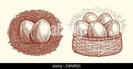 Eggs in basket, nest. Farm organic food. Hand drawn sketch vector illustration Stock Vector