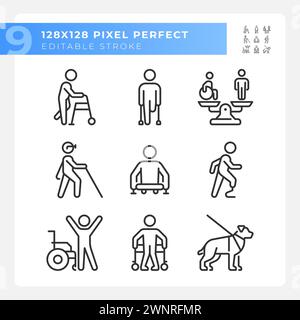 People with amputation linear icons set Stock Vector