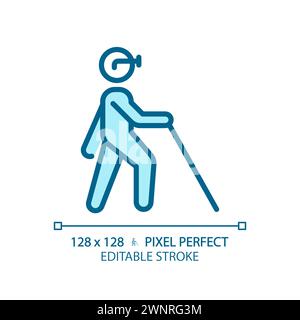 Blind with cane light blue icon Stock Vector